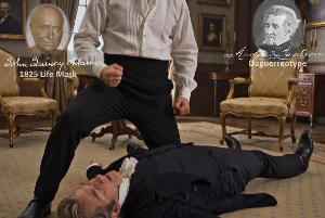 Fictional fight scene between Andrew Jackson and John Quincy Adams, featuring historically reconstructed likenesses based on Jackson's authentic daguerreotypes and Adams's 1825 life mask