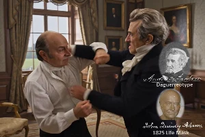 Fictional fight scene between Andrew Jackson and John Quincy Adams, featuring historically reconstructed likenesses based on Jackson's authentic daguerreotypes and Adams's 1825 life mask