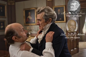 Fictional fight scene between Andrew Jackson and John Quincy Adams, featuring historically reconstructed likenesses based on Jackson's authentic daguerreotypes and Adams's 1825 life mask