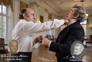 Fictional fight scene between Andrew Jackson and John Quincy Adams, featuring historically reconstructed likenesses based on Jackson's authentic daguerreotypes and Adams's 1825 life mask
