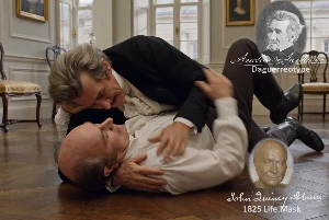 Fictional fight scene between Andrew Jackson and John Quincy Adams, featuring historically reconstructed likenesses based on Jackson's authentic daguerreotypes and Adams's 1825 life mask