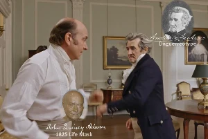 Fictional fight scene between Andrew Jackson and John Quincy Adams, featuring historically reconstructed likenesses based on Jackson's authentic daguerreotypes and Adams's 1825 life mask