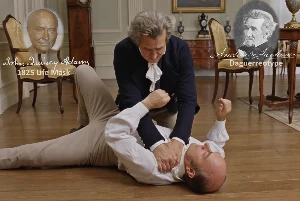 Fictional fight scene between Andrew Jackson and John Quincy Adams, featuring historically reconstructed likenesses based on Jackson's authentic daguerreotypes and Adams's 1825 life mask