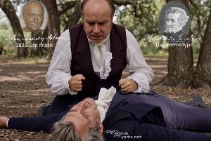 Fictional fight scene between Andrew Jackson and John Quincy Adams, featuring historically reconstructed likenesses based on Jackson's authentic daguerreotypes and Adams's 1825 life mask