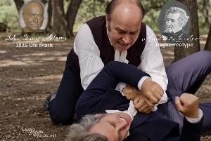 Fictional fight scene between Andrew Jackson and John Quincy Adams, featuring historically reconstructed likenesses based on Jackson's authentic daguerreotypes and Adams's 1825 life mask