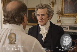 Fictional fight scene between Andrew Jackson and John Quincy Adams, featuring historically reconstructed likenesses based on Jackson's authentic daguerreotypes and Adams's 1825 life mask