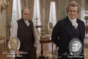 Fictional fight scene between Andrew Jackson and John Quincy Adams, featuring historically reconstructed likenesses based on Jackson's authentic daguerreotypes and Adams's 1825 life mask