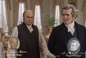 Fictional fight scene between Andrew Jackson and John Quincy Adams, featuring historically reconstructed likenesses based on Jackson's authentic daguerreotypes and Adams's 1825 life mask