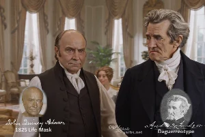 Fictional fight scene between Andrew Jackson and John Quincy Adams, featuring historically reconstructed likenesses based on Jackson's authentic daguerreotypes and Adams's 1825 life mask