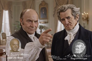 Fictional fight scene between Andrew Jackson and John Quincy Adams, featuring historically reconstructed likenesses based on Jackson's authentic daguerreotypes and Adams's 1825 life mask
