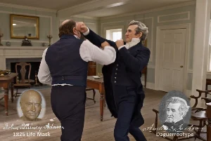 Fictional fight scene between Andrew Jackson and John Quincy Adams, featuring historically reconstructed likenesses based on Jackson's authentic daguerreotypes and Adams's 1825 life mask