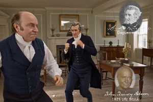 Fictional fight scene between Andrew Jackson and John Quincy Adams, featuring historically reconstructed likenesses based on Jackson's authentic daguerreotypes and Adams's 1825 life mask