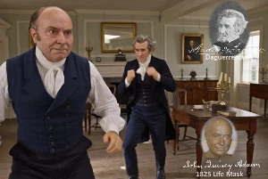 Fictional fight scene between Andrew Jackson and John Quincy Adams, featuring historically reconstructed likenesses based on Jackson's authentic daguerreotypes and Adams's 1825 life mask