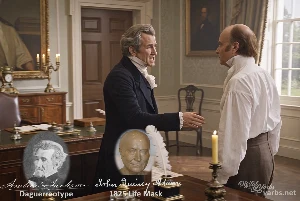 Fictional fight scene between Andrew Jackson and John Quincy Adams, featuring historically reconstructed likenesses based on Jackson's authentic daguerreotypes and Adams's 1825 life mask