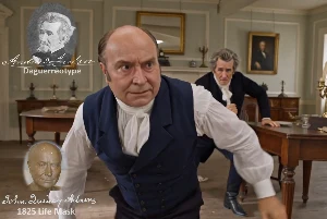Fictional fight scene between Andrew Jackson and John Quincy Adams, featuring historically reconstructed likenesses based on Jackson's authentic daguerreotypes and Adams's 1825 life mask