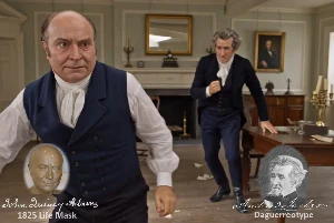 Fictional fight scene between Andrew Jackson and John Quincy Adams, featuring historically reconstructed likenesses based on Jackson's authentic daguerreotypes and Adams's 1825 life mask