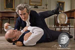 Fictional fight scene between Andrew Jackson and John Quincy Adams, featuring historically reconstructed likenesses based on Jackson's authentic daguerreotypes and Adams's 1825 life mask