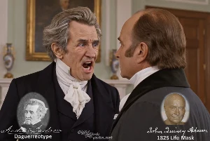 Fictional fight scene between Andrew Jackson and John Quincy Adams, featuring historically reconstructed likenesses based on Jackson's authentic daguerreotypes and Adams's 1825 life mask
