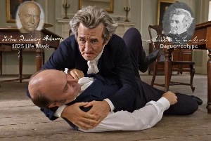 Fictional fight scene between Andrew Jackson and John Quincy Adams, featuring historically reconstructed likenesses based on Jackson's authentic daguerreotypes and Adams's 1825 life mask