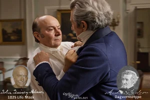 Fictional fight scene between Andrew Jackson and John Quincy Adams, featuring historically reconstructed likenesses based on Jackson's authentic daguerreotypes and Adams's 1825 life mask