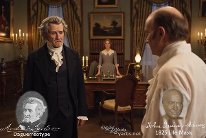 Fictional fight scene between Andrew Jackson and John Quincy Adams, featuring historically reconstructed likenesses based on Jackson's authentic daguerreotypes and Adams's 1825 life mask