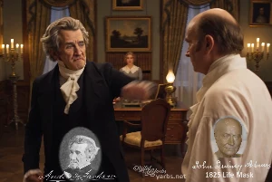 Fictional fight scene between Andrew Jackson and John Quincy Adams, featuring historically reconstructed likenesses based on Jackson's authentic daguerreotypes and Adams's 1825 life mask