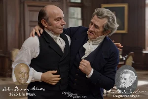 Fictional fight scene between Andrew Jackson and John Quincy Adams, featuring historically reconstructed likenesses based on Jackson's authentic daguerreotypes and Adams's 1825 life mask