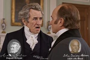 Fictional fight scene between Andrew Jackson and John Quincy Adams, featuring historically reconstructed likenesses based on Jackson's authentic daguerreotypes and Adams's 1825 life mask