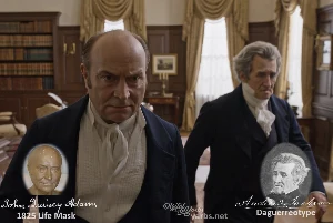 Fictional fight scene between Andrew Jackson and John Quincy Adams, featuring historically reconstructed likenesses based on Jackson's authentic daguerreotypes and Adams's 1825 life mask