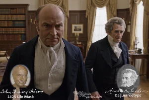 Fictional fight scene between Andrew Jackson and John Quincy Adams, featuring historically reconstructed likenesses based on Jackson's authentic daguerreotypes and Adams's 1825 life mask