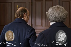 Fictional fight scene between Andrew Jackson and John Quincy Adams, featuring historically reconstructed likenesses based on Jackson's authentic daguerreotypes and Adams's 1825 life mask