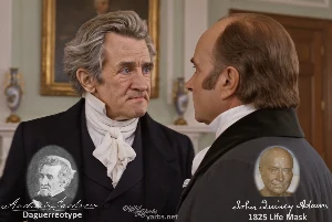 Fictional fight scene between Andrew Jackson and John Quincy Adams, featuring historically reconstructed likenesses based on Jackson's authentic daguerreotypes and Adams's 1825 life mask