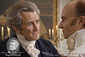 Fictional fight scene between Andrew Jackson and John Quincy Adams, featuring historically reconstructed likenesses based on Jackson's authentic daguerreotypes and Adams's 1825 life mask