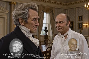 Fictional fight scene between Andrew Jackson and John Quincy Adams, featuring historically reconstructed likenesses based on Jackson's authentic daguerreotypes and Adams's 1825 life mask