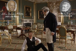Fictional fight scene between Andrew Jackson and John Quincy Adams, featuring historically reconstructed likenesses based on Jackson's authentic daguerreotypes and Adams's 1825 life mask