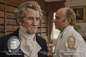 Fictional fight scene between Andrew Jackson and John Quincy Adams, featuring historically reconstructed likenesses based on Jackson's authentic daguerreotypes and Adams's 1825 life mask