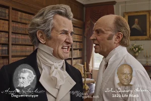 Fictional fight scene between Andrew Jackson and John Quincy Adams, featuring historically reconstructed likenesses based on Jackson's authentic daguerreotypes and Adams's 1825 life mask