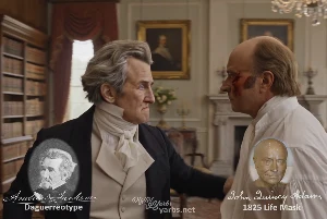 Fictional fight scene between Andrew Jackson and John Quincy Adams, featuring historically reconstructed likenesses based on Jackson's authentic daguerreotypes and Adams's 1825 life mask