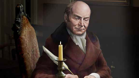 John Quincy Adams sitting in his Peacefield home writing in his diary.