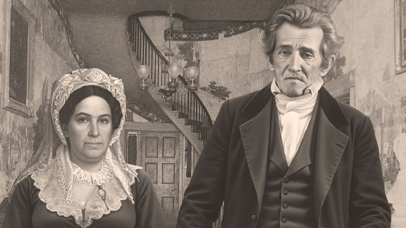 An imagined daguerreotype photograph of Rachel Jackson and Andrew Jackson in the entrance hall of Hermitage.