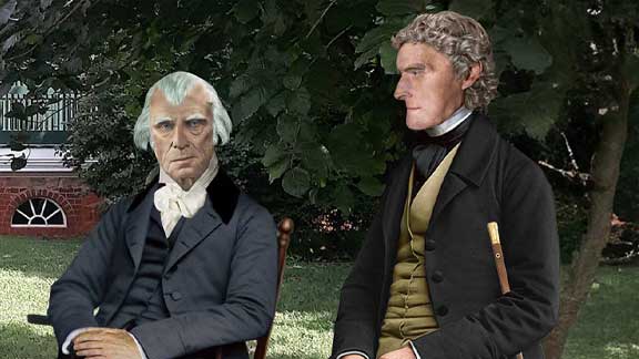 Photograph of Thomas Jefferson and James Madison sitting outside of Monticello.