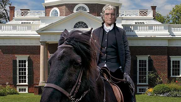 Thomas Jefferson riding a horse at Monticello.