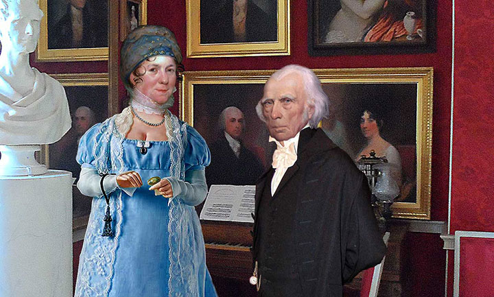 Close up view of James Madison and Dolley Madison in the Drawing Room of Montpelier