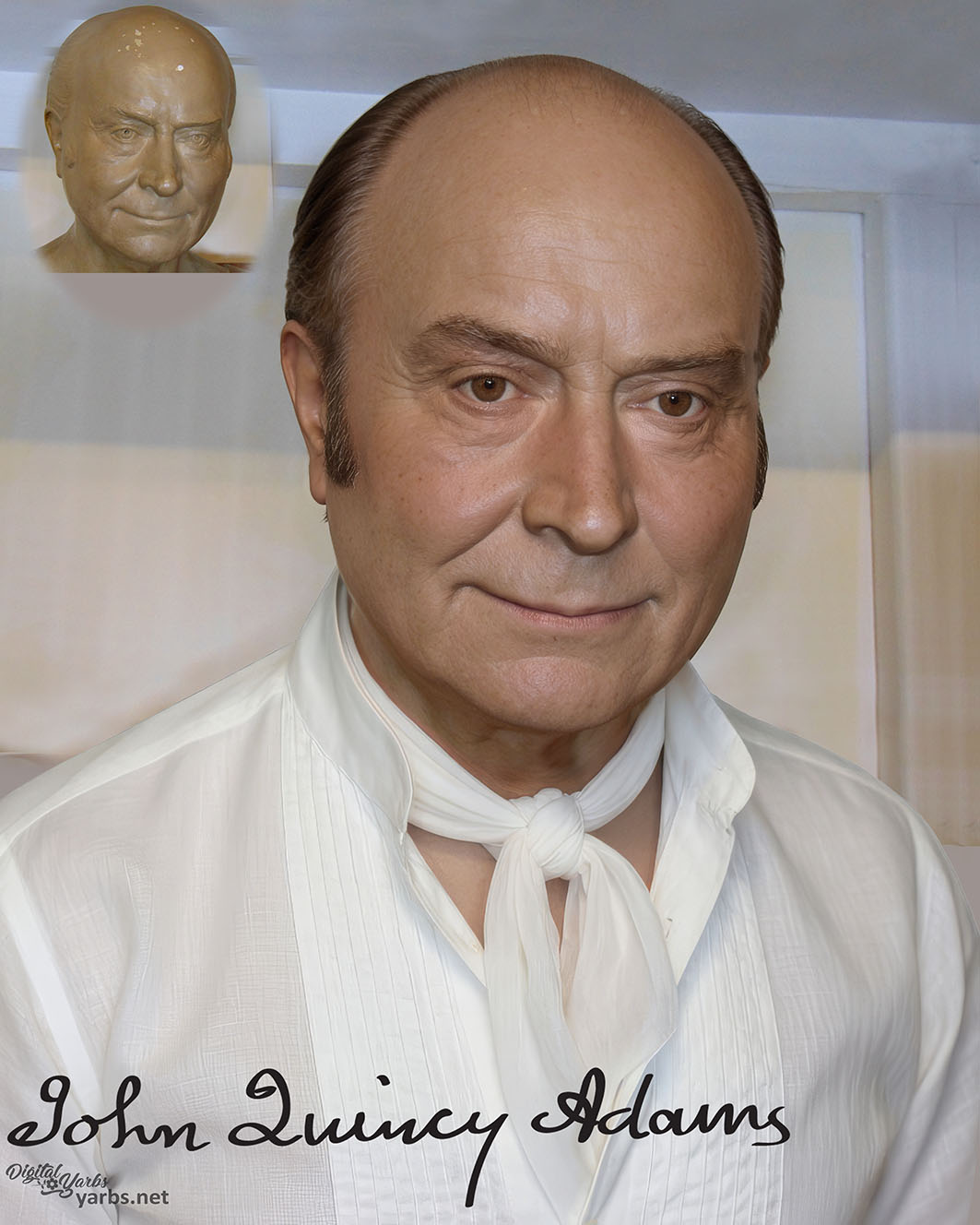 Front-facing portrait of President John Quincy Adams, digitally reconstructed life mask to resemble a posed studio photograph