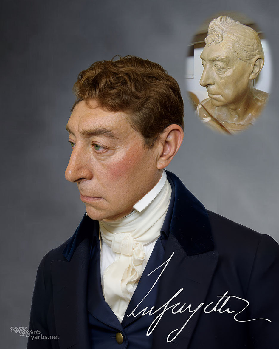 Profile portrait of President Marquis de Lafayette, digitally reconstructed life mask to resemble a posed studio photograph