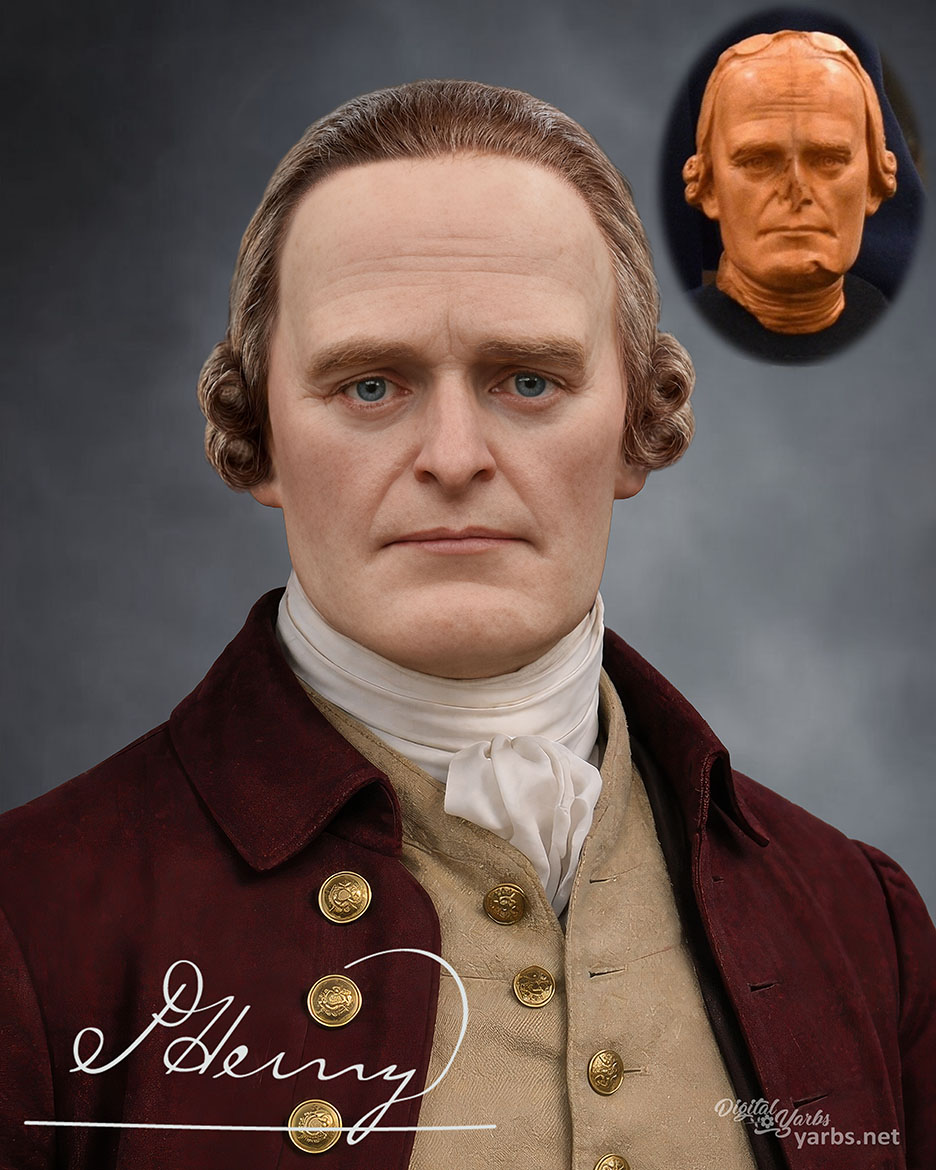 Digital reconstruction of Patrick Henry based on a rare 1788 terracotta bust sculpted from life, with inset showing the original bust.