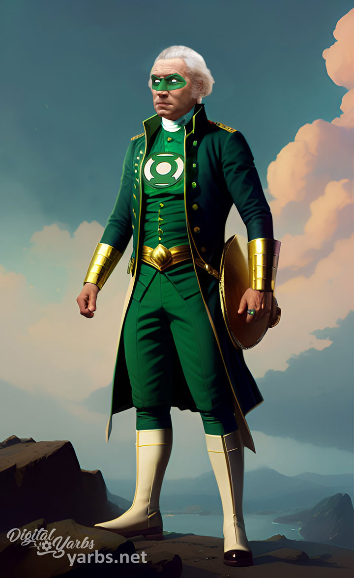 George Washington dressed in a Green Lantern Suit
