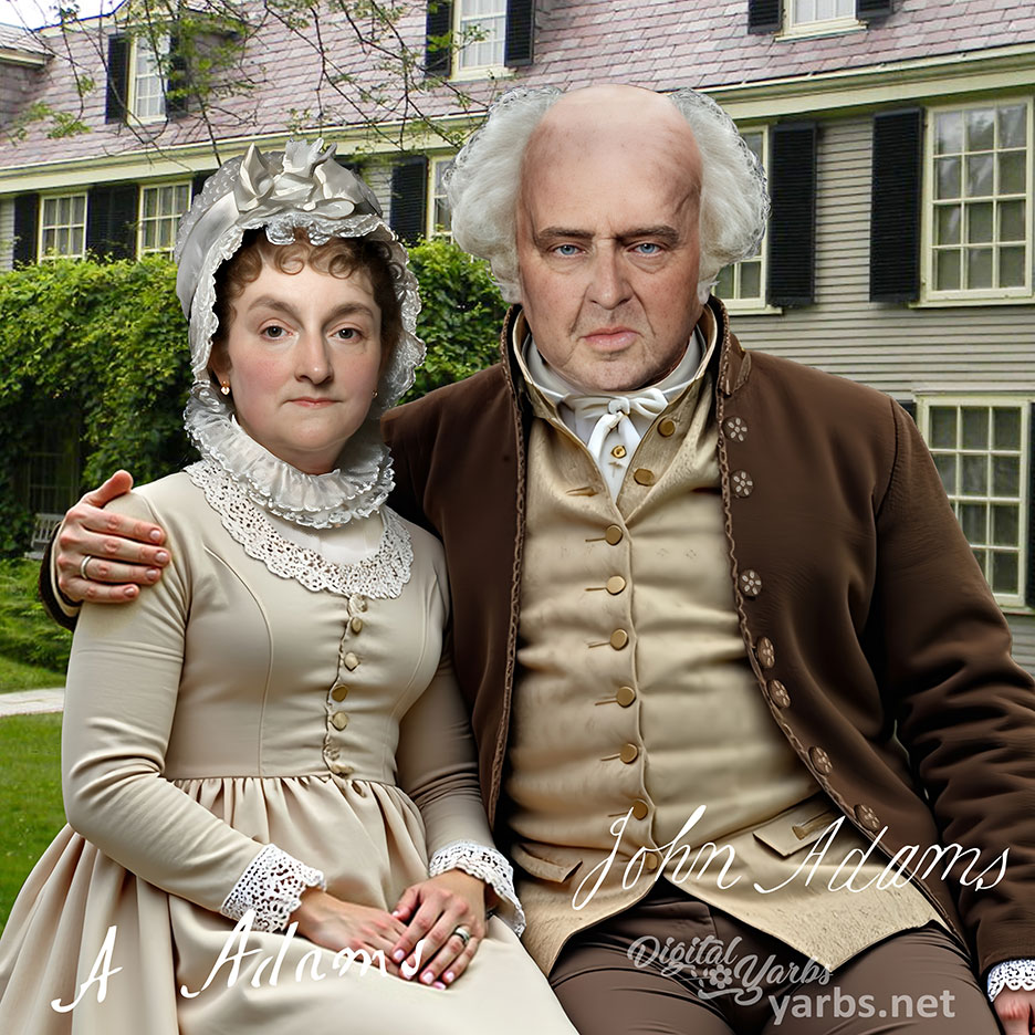 Close up view of John Adams sitting with his wife Abigail Adams in front of their Peacefield home
