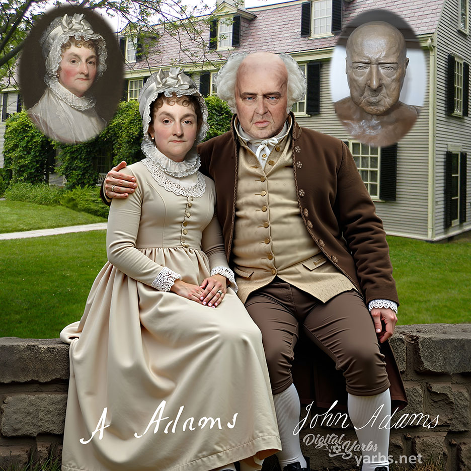 John Adams sitting with his wife Abigail Adams in front of their Peacefield home