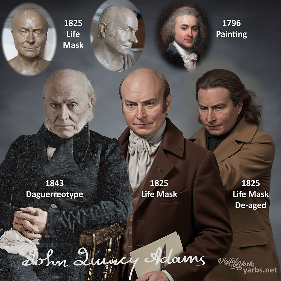 John Quincy Adams through his ages, daguerreotype, life mask, de-aged life mask.